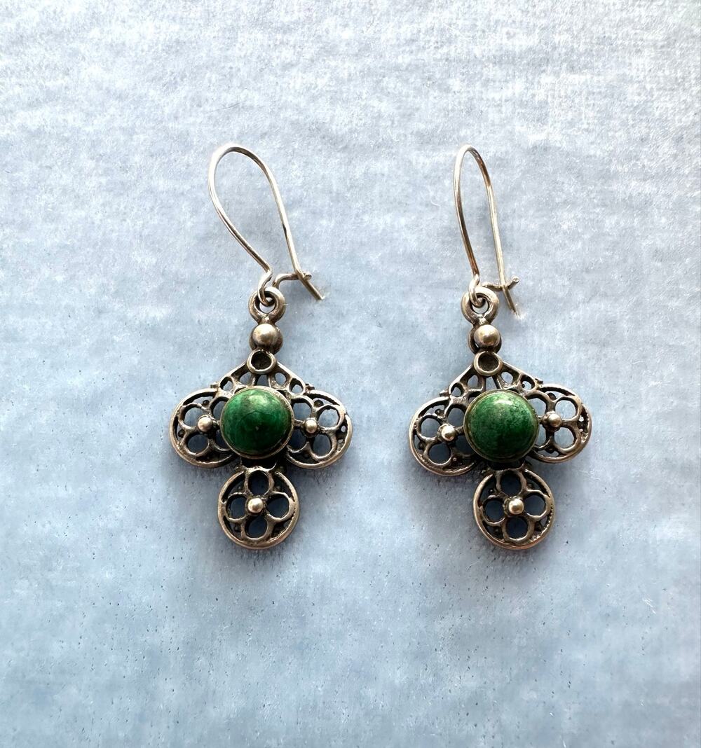 Sterling Silver 925 Openwork Dangle Earrings Green Malachite Cabochon